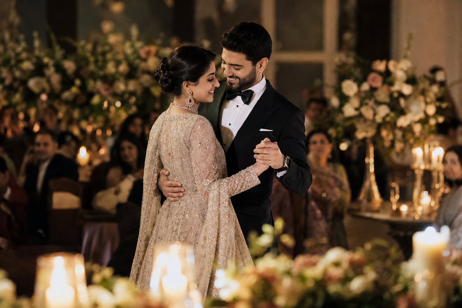 Wedding couple dancing in a Mahaan Photography album spread